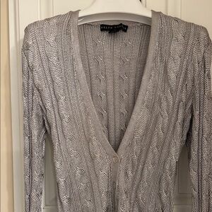 Ralph Lauren Light Gray Cable Knit Cardigan metallic yarn